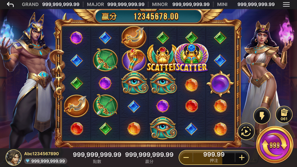 賽特2主遊戲畫面,展示埃及主題五軸轉輪與神祇角色。